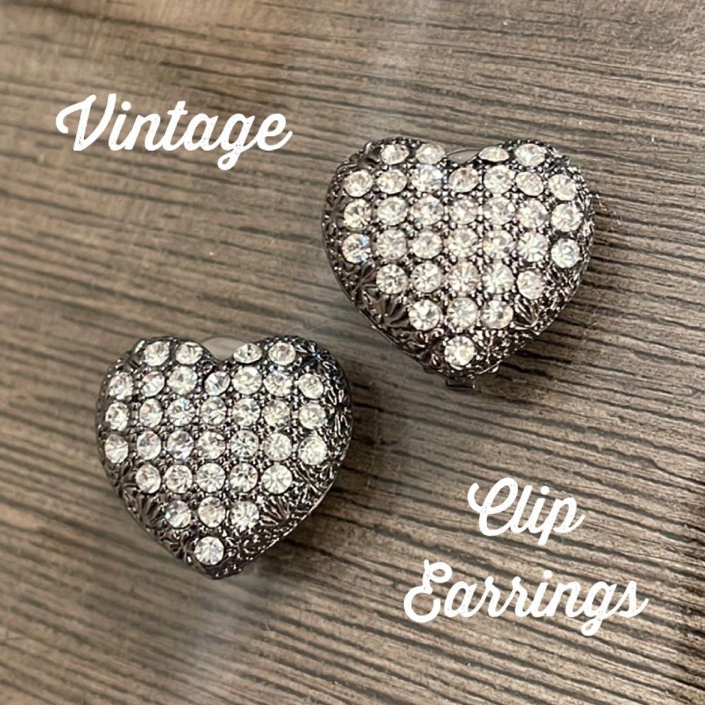 Vintage Gunmetal Heart Clip Earrings with Rhinestones